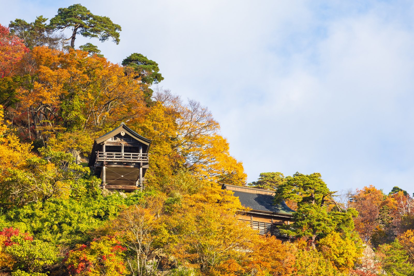 紅葉に包まれた立石寺の堂宇